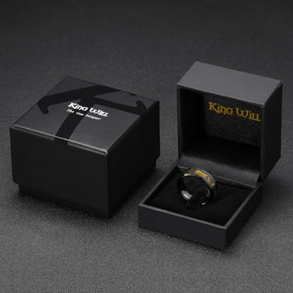 King Will Tungsten Wedding Band Wood Inlay for Men Black Beveled Edge | Black, 8mm, Beveled Edge, Comfort Fit, Wood inlay, Promise Gift - color: Black-Gold