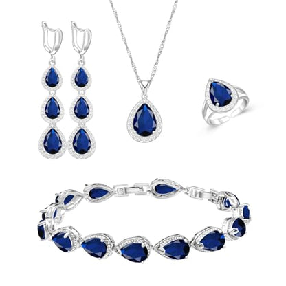LMXXVJ Necklace Long Earrings Bracelet Set, White Gold Plated Created Blue Sapphire Jewelry Set Wedding Party Gift Jewelry for Women Bridal Bridesmaid - color: White Gold-Blue Ring