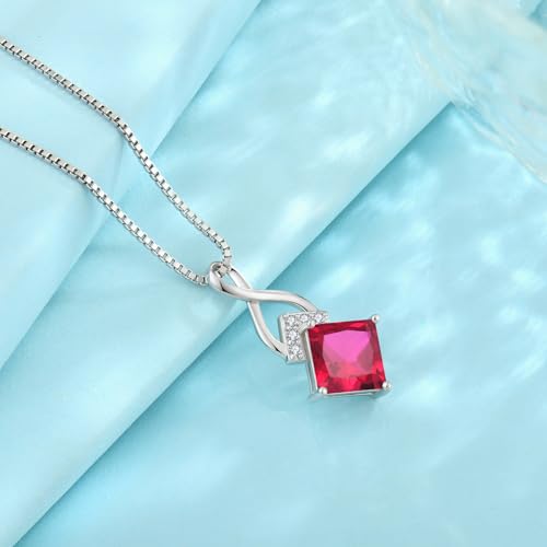 Infinity Necklace 925 Sterling Silver Princess Cut Pendant Birthstone Jewelry for Women - color: Red