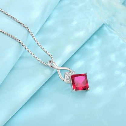 Infinity Necklace 925 Sterling Silver Princess Cut Pendant Birthstone Jewelry for Women - color: Red