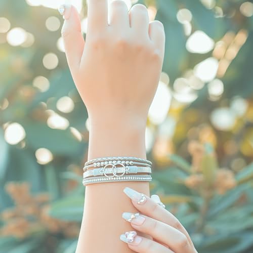 Chunky Boho Leather Wrap Bracelets Cowgirl Beaded Circle Western Jewelry | Stackable Infinity Layered Bohemian Magnetic Clasp Cuff Statement Fashion Colorful Country Hippie Outfits for Women Trendy - color: Silver