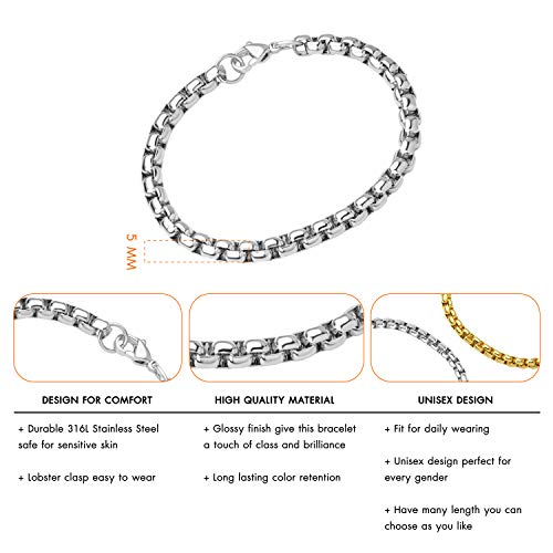 555Jewelry 5mm Stainless Steel Box Chain Bracelet for Men & Women, 6.5 to 9 Inch - color: Silver
