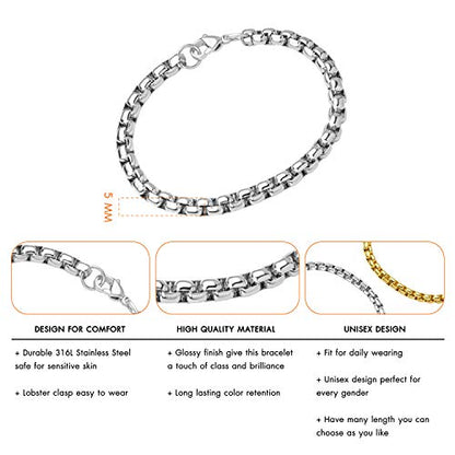 555Jewelry 5mm Stainless Steel Box Chain Bracelet for Men & Women, 6.5 to 9 Inch - color: Silver