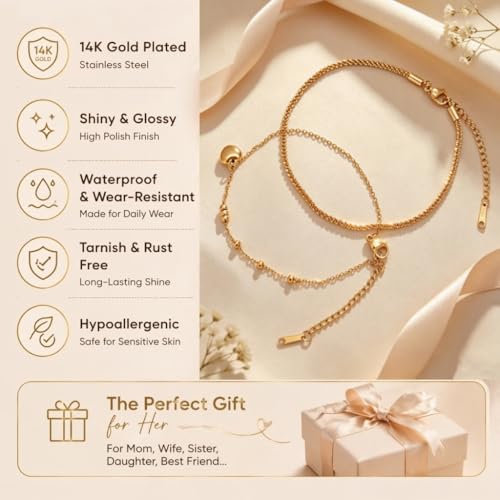 Waterproof Gold Plated Layered Anklets for Women Daisy/Herringbone/Heart Charm/Bead Chain Non Tarnish Stainless Steel Summer Foot Jewelry Gift for Her, with Gift Box - color: 3. glitter chain+ heart charm