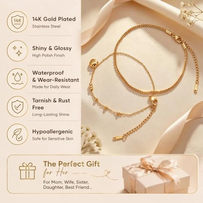 Waterproof Gold Plated Layered Anklets for Women Daisy/Herringbone/Heart Charm/Bead Chain Non Tarnish Stainless Steel Summer Foot Jewelry Gift for Her, with Gift Box - color: 3. glitter chain+ heart charm