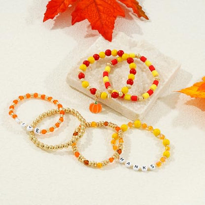 Boho Beaded Stretch Bracelets For Women Stackable Crystal Gold Plated Beaded Bracelets Set Trendy Handmade Friendship Braeclet Jewelry Gifts - color: K-Thanksgiving set