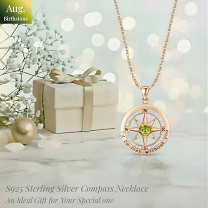 Compass Necklace for Women Wife Girlfriend Mom Daughter Gifts | S925 Silver Jewelry For Anniversary 18K Rose Gold Gifts For Birthday Christmas Mothers Valentines Day 12 Birthstones - style: 08-August-Rose Gold