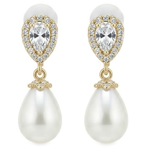 Mariell Pearl Bridal Wedding Drop Earrings with CZ Crystals for Brides, Bridesmaids, Birthday Gift - color: Gold Clip On - Clear Cubic Zirconia