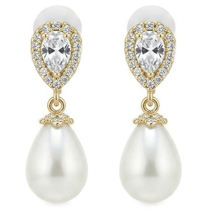 Mariell Pearl Bridal Wedding Drop Earrings with CZ Crystals for Brides, Bridesmaids, Birthday Gift - color: Gold Clip On - Clear Cubic Zirconia