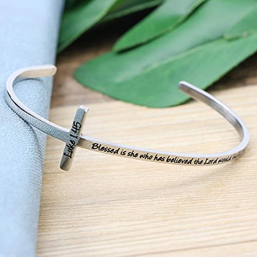 𝐂𝐫𝐨𝐬𝐬 𝐁𝐫𝐚𝐜𝐞𝐥𝐞𝐭 Religious Cuff Bangle 𝐁𝐢𝐛𝐥𝐞 𝐕𝐞𝐫𝐬𝐞 Christian Gifts Jewelry for 𝐖𝐨𝐦𝐞𝐧 - style: Silver cuff-Blessed is she who has believed ... to her -Luke 1:45