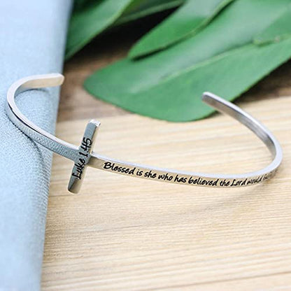 𝐂𝐫𝐨𝐬𝐬 𝐁𝐫𝐚𝐜𝐞𝐥𝐞𝐭 Religious Cuff Bangle 𝐁𝐢𝐛𝐥𝐞 𝐕𝐞𝐫𝐬𝐞 Christian Gifts Jewelry for 𝐖𝐨𝐦𝐞𝐧 - style: Silver cuff-Blessed is she who has believed ... to her -Luke 1:45