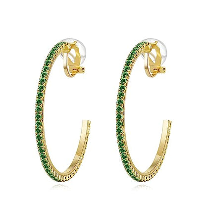 YOQUCOL 4.3CM(1.7in) Clip On Hoop Earrings Cubic Zirconia Non Pierced Ears Hoops for Women - color: Gold-Green