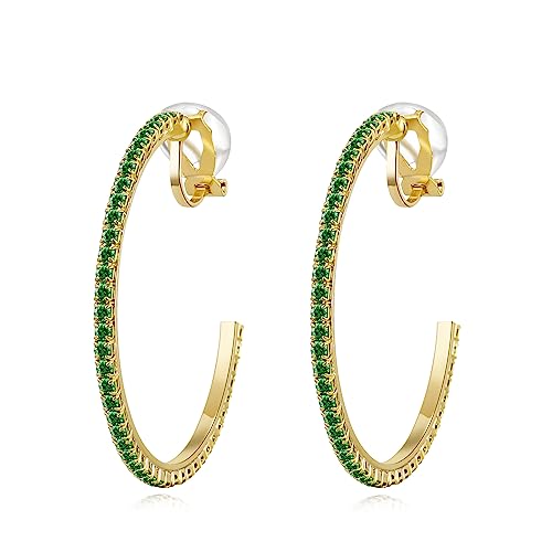 YOQUCOL 4.3CM(1.7in) Clip On Hoop Earrings Cubic Zirconia Non Pierced Ears Hoops for Women - color: Gold-Green
