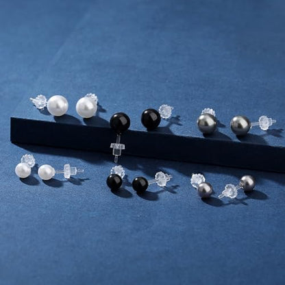 6mm & 8mm Faux Pearl Stud Earrings for Women Sensitive Ears – Hypoallergenic Plastic Earrings for Surgery, Lightweight Metal-Free Resin Earrings, Comfort Daily Wedding Birthday Gift - color: Sophisticated Grey