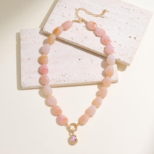Chunky Colorful Bead Necklace Summer Fashion Statement Boho Beaded Chunky Necklace for Women Adjustable Length Lightweight Cool Suitable for Beach Vacation Daily Wear & Summer Parties - color: Pink-A