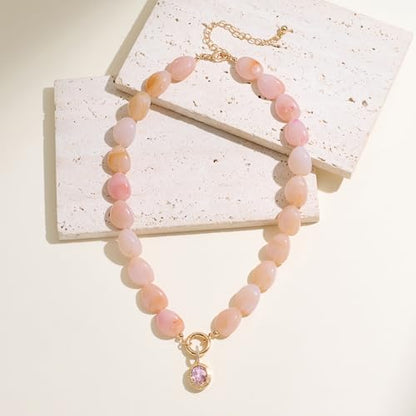 Chunky Colorful Bead Necklace Summer Fashion Statement Boho Beaded Chunky Necklace for Women Adjustable Length Lightweight Cool Suitable for Beach Vacation Daily Wear & Summer Parties - color: Pink-A