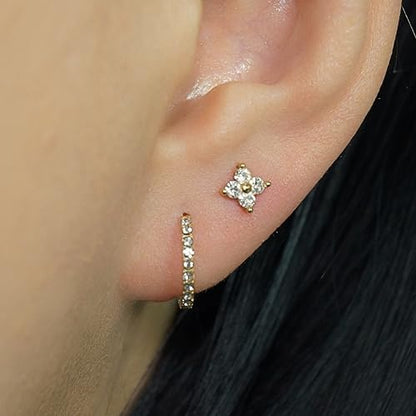 QueenBee 14K Gold Plated Ivy Flower Birthstone Stud Earrings for Women Dainty Floral Gemstone Studs Unique Jewelry Gift for Her - color: Apr-Crystal