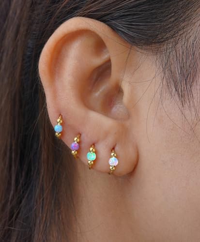 2 Pcs Small Cartilage Hoop Earrings for Women Men, 18G Opal Silver Earrings Hypoallergenic 316L Surgical Steel Hinge Huggie Hoop Earrings for Helix,Tragus,Conch,Rook,Earlobe Piercing Jewelry Nose Ring - style: 1Pc8mm+1Pc10mm Pink Opal/Gold