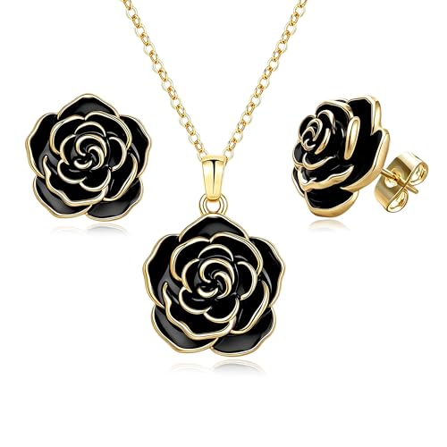 Enamel Rose Necklace and Earrings Jewelry Set for Women | 14K Gold Plated,Rose Represent: Love Gratitude Prid,Adjustable Chain Fit,Elegant Sets for Daily and Party Wear,Gift Box - color: Black