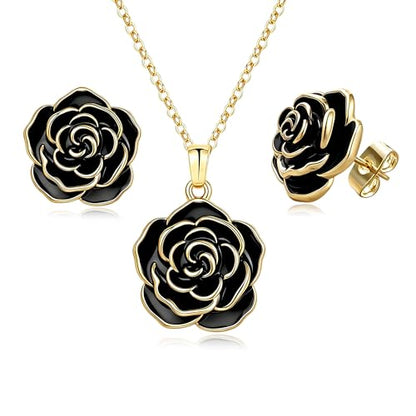 Enamel Rose Necklace and Earrings Jewelry Set for Women | 14K Gold Plated,Rose Represent: Love Gratitude Prid,Adjustable Chain Fit,Elegant Sets for Daily and Party Wear,Gift Box - color: Black