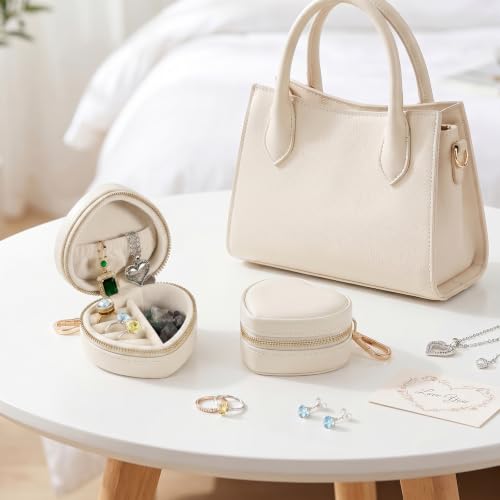 Small Travel Jewelry Case with Keychain Mini Jewelry Box for Rings Earrings Necklaces PU Leather Zipper Heart Jewelry Pouch for Women Travel Essentials White - color: white