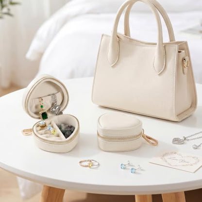 Small Travel Jewelry Case with Keychain Mini Jewelry Box for Rings Earrings Necklaces PU Leather Zipper Heart Jewelry Pouch for Women Travel Essentials White - color: white