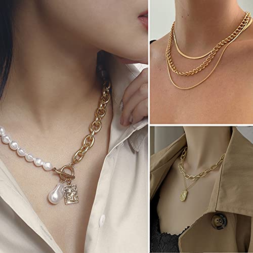 IFKM Gold Plated Jewelry Set for Women,14k Gold Plated Multi Layer Necklaces Stackable Bangle Bracelets Stackable Knuckle Rings Hoop Earrings Set Anniversary Trendy Elegance Charms Anniversary Birthday Jewelry Gift - color: 36 pcs Gold