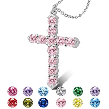 Cross Necklace for Women, Silver Cross Pendant Necklaces | 14K Gold Plated, Dainty CZ Cross Necklace, Non Tarnish and Hypoallergenic Jewelry for Women, Christian Religious Faith Gifts - color: 07-Silver-Pink