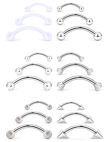 SCERRING 9-18PCS 16G Stainless Steel Eyebrow Tragus Helix Rook Daith Earrings Belly Lip Ring Clear Cubic Zirconia Barbell Body Piercing Jewelry 6mm 8mm 10mm - color: 18PCS - Silver