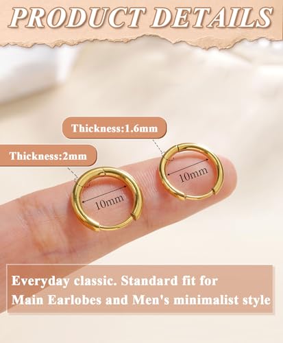 Surgical Steel Huggie Hoop Earrings & Flat Back Studs for Women Men, 6mm-14mm Small Hoops for Cartilage Helix Tragus Lobe, 1-10 Pairs Multiple Piercing Jewelry Set for Sensitive Ears - style: 1Pair,Gold,10mm(THK:1.6mm)