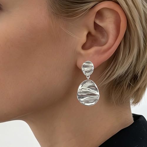 14K Gold Plated Texture Geometric Earrings, Simple Oval Hammered Hoop Drop Dangle Earrings for Women, Lightweight Dangly Minimalist Jewelry - color: Teardrop-Silver