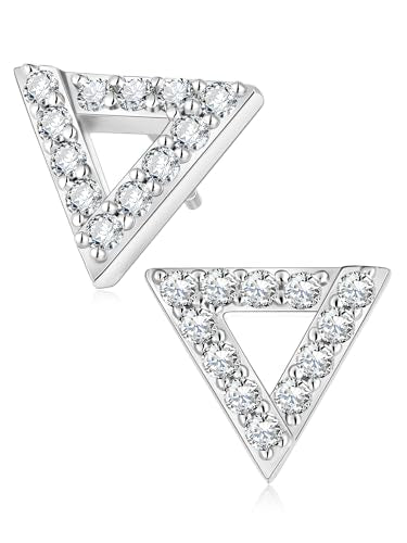 All Moissanites Sparkly Geometric Stud Earrings for Women, Solid 925 Sterling Silver with Rhodium/Gold Plated Hypoallergenic, Lightweight Comfy Earrings - color: Triangle - White Gold