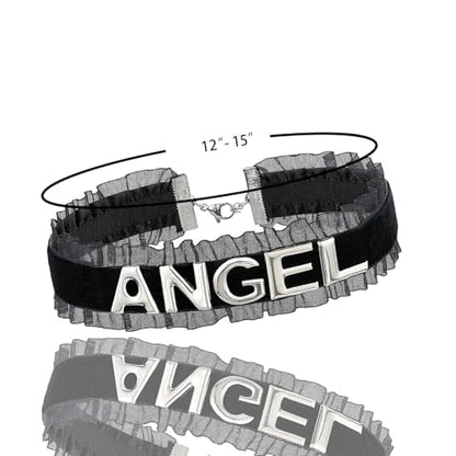 Women's Black Velvet Lace Letter Choker Collar for Halloween, 15-inch | Made of Velvet Lace Ribbon and Silver Letter Charms, Lobster-claw Closure, Daily Gothic Style, Avoid Water & Perfume - color: ANGEL