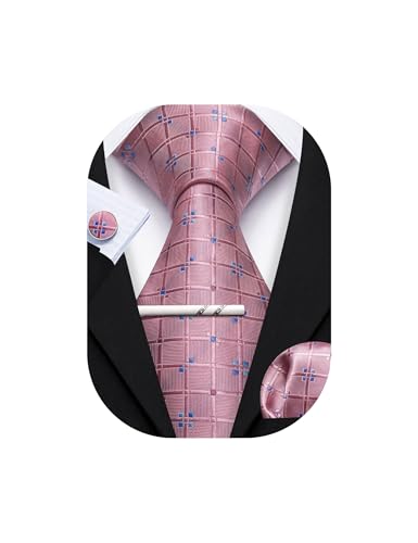 YOHOWA Men Plaid/Striped Ties Clip Set Silk Necktie Pocket Square Cufflinks | Woven Classic,Formal/Casual Mens Tie,Pocket Square Cufflinks Set,Luxury,Business,Wedding,Party,Prom,Graduation - color: Dusty Rose a