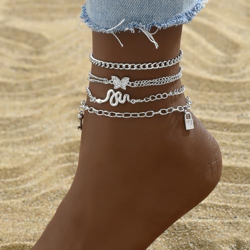 4 Pcs Layered Silver Tone Anklets for Women Trendy Butterfly Snake Lock Key Charms Ankle Bracelets Set Adjustable Summer Beach Vacation Foot Jewelry