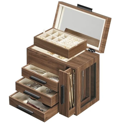 HOOBRO Jewelry Box with Mirror, Wooden Jewelry Organizer Box with Side Clear Acrylic Panel, Large Jewelry Case for Earrings, Necklaces, Rings, Watches, Walnut BH22JB04