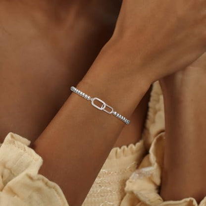 Beaded Bracelets for Women 14K Silver Gold Plated Stretch Handmade Ball Bracelets Cute Charm Bracelet Dainty Stackable Cross Heart Bow Wave CZ Circle Trendy Jewelry Easter Gifts - color: zirconia-square-silver