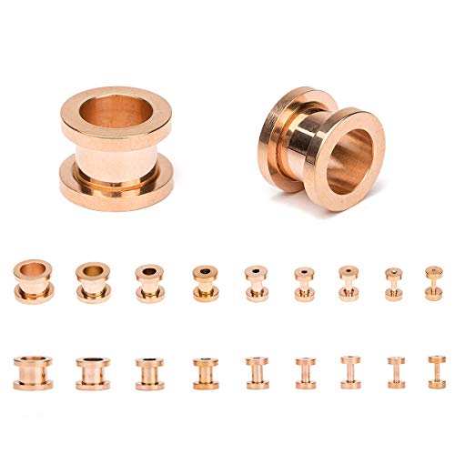 18PCS Ear Tunnels Kit Stainless Steel Screw Fit 14G-00G Gauges Plugs Set Double Flared Stretcher Expander Body Piercing Jewelry - color: Rose Goldtone