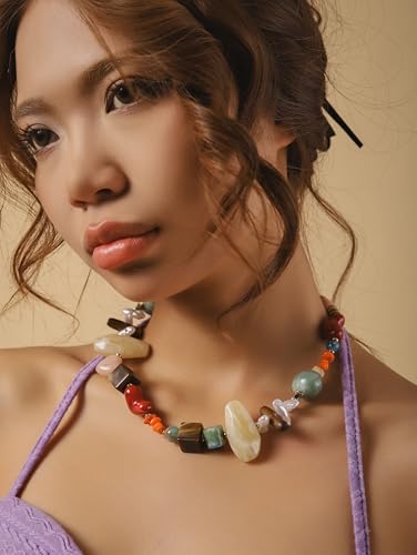 MINACHI Boho Chunky Statement Necklace for Women, Vintage Style with Milky White, Blue and Brown Accents - style: Necklace NECK.003