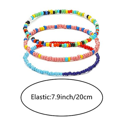 KIFEDSLJ 24Pcs Colorful Beaded Anklets Boho Handmade Beaded African Anklets Multicolor Seed Beads Stretch Ankle Bracelets for Women Elastic Foot and Hand Chain Jewelry