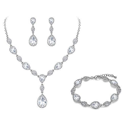 EleQueen Women's Wedding Bridal Jewelry Sets for Brides Bridesmaids, Cubic Zirconia Teardrop Necklace Tennis Bracelet Dangle Earrings Jewellery Set - color: 07-Clear Silver-Tone