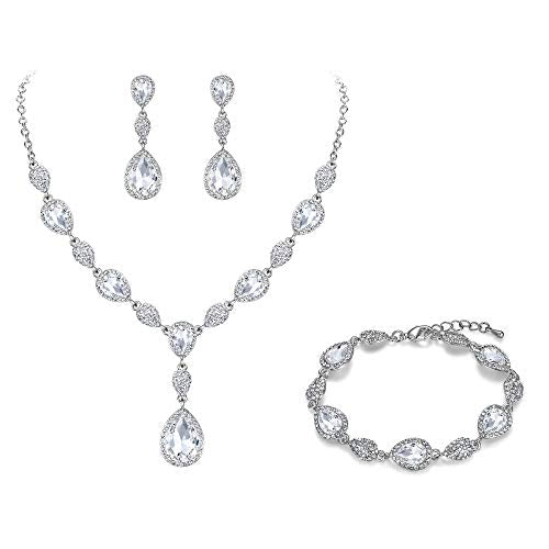 EleQueen Women's Wedding Bridal Jewelry Sets for Brides Bridesmaids, Cubic Zirconia Teardrop Necklace Tennis Bracelet Dangle Earrings Jewellery Set - color: 07-Clear Silver-Tone