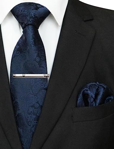 JEMYGINS Mens Solid Color Paisley Necktie and Pocket Square with Tie Clip Sets - color: Navy Blue2