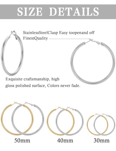4/5/6 Pairs Gold Hoop Earrings for Women, Hypoallergenic Silver Gold Plated Stainless Steel Huggie Hoop Earrings Set Trendy Jewelry Gifts Lightweight 30/40/50/60/70MM - color: 6 Pairs gold silver Plated Hoop Earrings