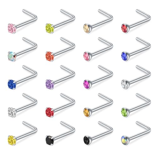 20G Nose Rings Hoops Studs, Stainless Steel Round CZ L Shaped Nose Screw Straight Studs, Hypoallergenic Diamond Double Nose Hoops, Clear Nose Rings For Women Men Nostril Piercing Jewelry - color: 20Pcs