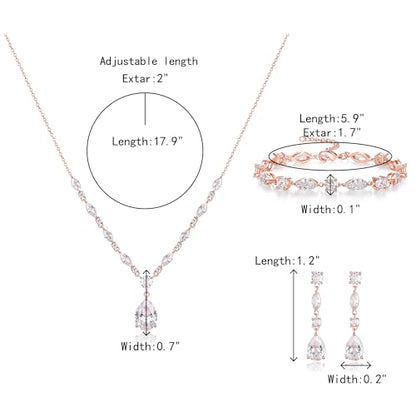 Teardrop Marquise Cubic Zirconia Wedding Prom Jewelry Set for Women Bridal | Silver/Gold/Rose Gold Plated, Pear Cut Pendant Necklace Drop Earrings Link Bracelet, for Bride Bridesmaid, for Banquet Party - style: B_Three Set, Rose Gold (Teardrop)