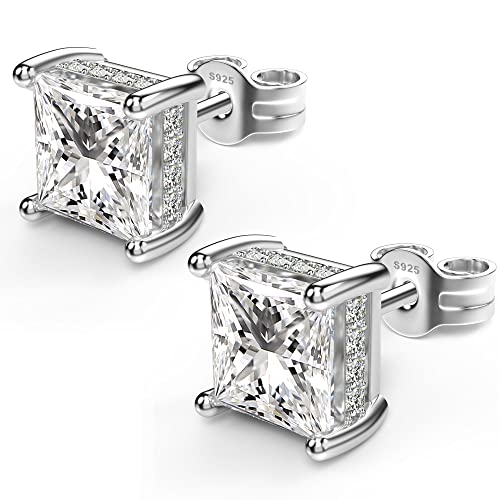 Princess Cut Cubic Zirconia Stud Earrings for Men Women | Square CZ Simulated Diamond Studs, 18K White Gold Plated Sterling Silver, Hypoallergenic - color: White Gold, size: 7MM