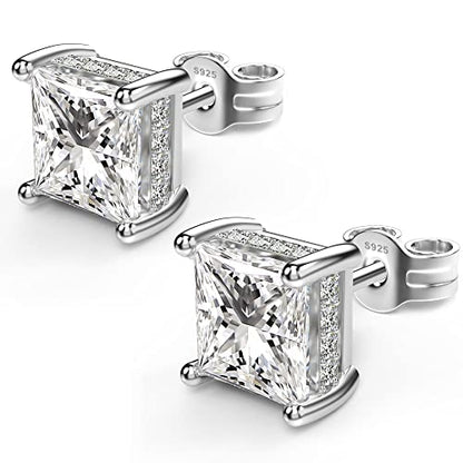 Princess Cut Cubic Zirconia Stud Earrings for Men Women | Square CZ Simulated Diamond Studs, 18K White Gold Plated Sterling Silver, Hypoallergenic - color: White Gold, size: 7MM