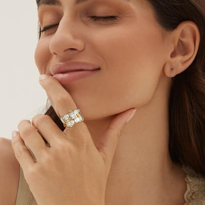 HZMAN 14K Gold Plated Open Ring for Women Brass Crystal Non Adjustable Statement Ring Collection - color: Clear Baguette Crystal