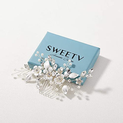 SWEETV Silver Bridal Hair Comb for Wedding Hair Accessories, Handmade with Crystals, Pearls, and Leaves, 4.72 x 2.75 inches, for Brides, Women | Handmade Crystals Pearls Leaves Bridal Hair Accessories, Wedding Hair Pieces for Brides Bridal Hair Pieces 4.7